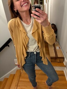 J.Crew Factory Mustard Yellow Ruffle Open Cardigan Size L Lightweight nwt